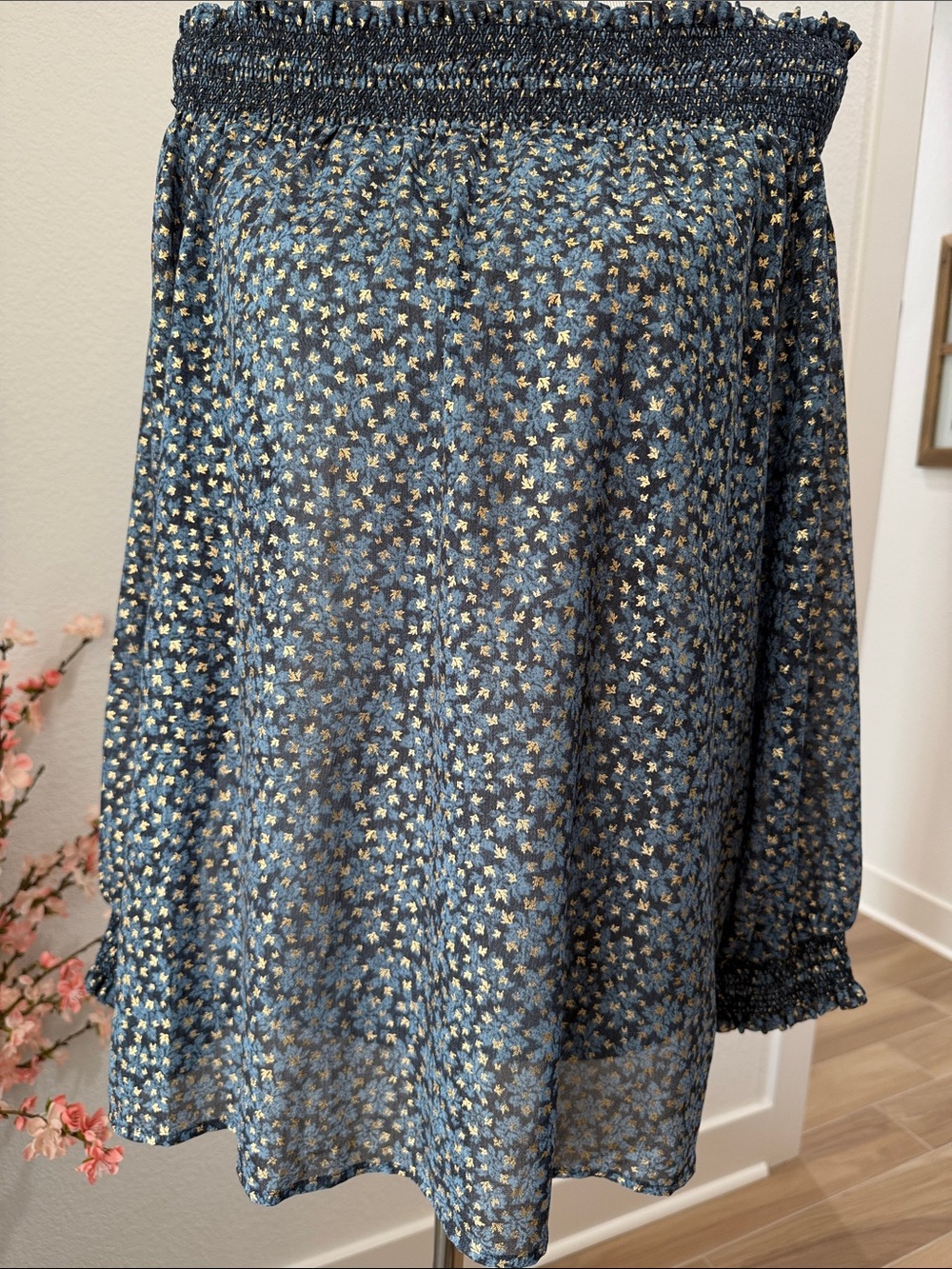 Michael Kors Navy and Gold Smocked Off-Shoulder Tunic